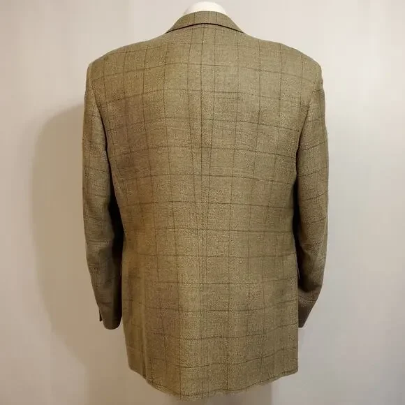 Canali Hopsack Blazer Size 42 Wool Silk Blend Brown Windowpane Plaid 3 Button